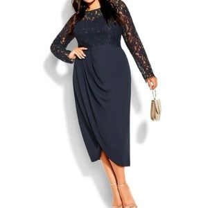 City Chic Elegant Long Sleeve Lace Tulip Hem Dress in Navy SZ M 18 NWT